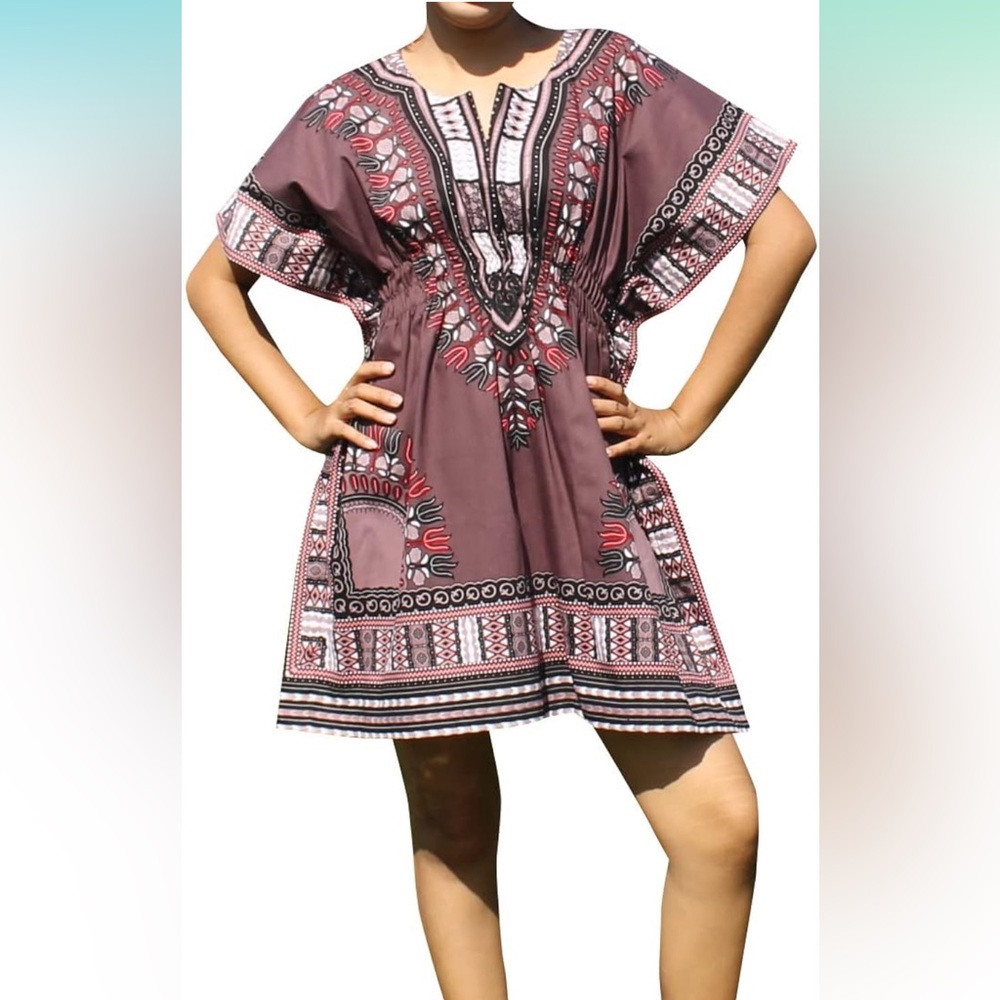 RaanPahMuang, Medium, Dashiki, Purple Short Sleeve Elastic Waist Open Collar